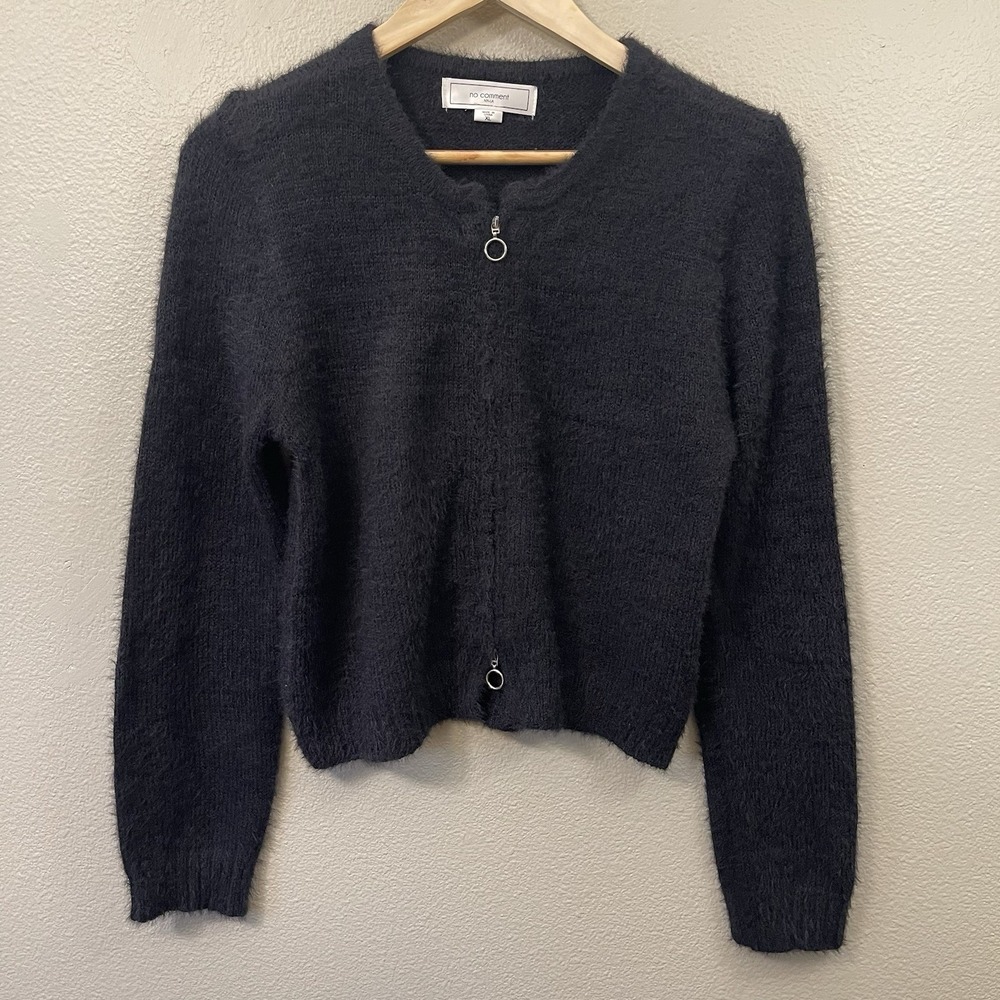No‎ Comment Fuzzy Cropped Black Cardigan Double Side Zipper Minimalist Grunge XL